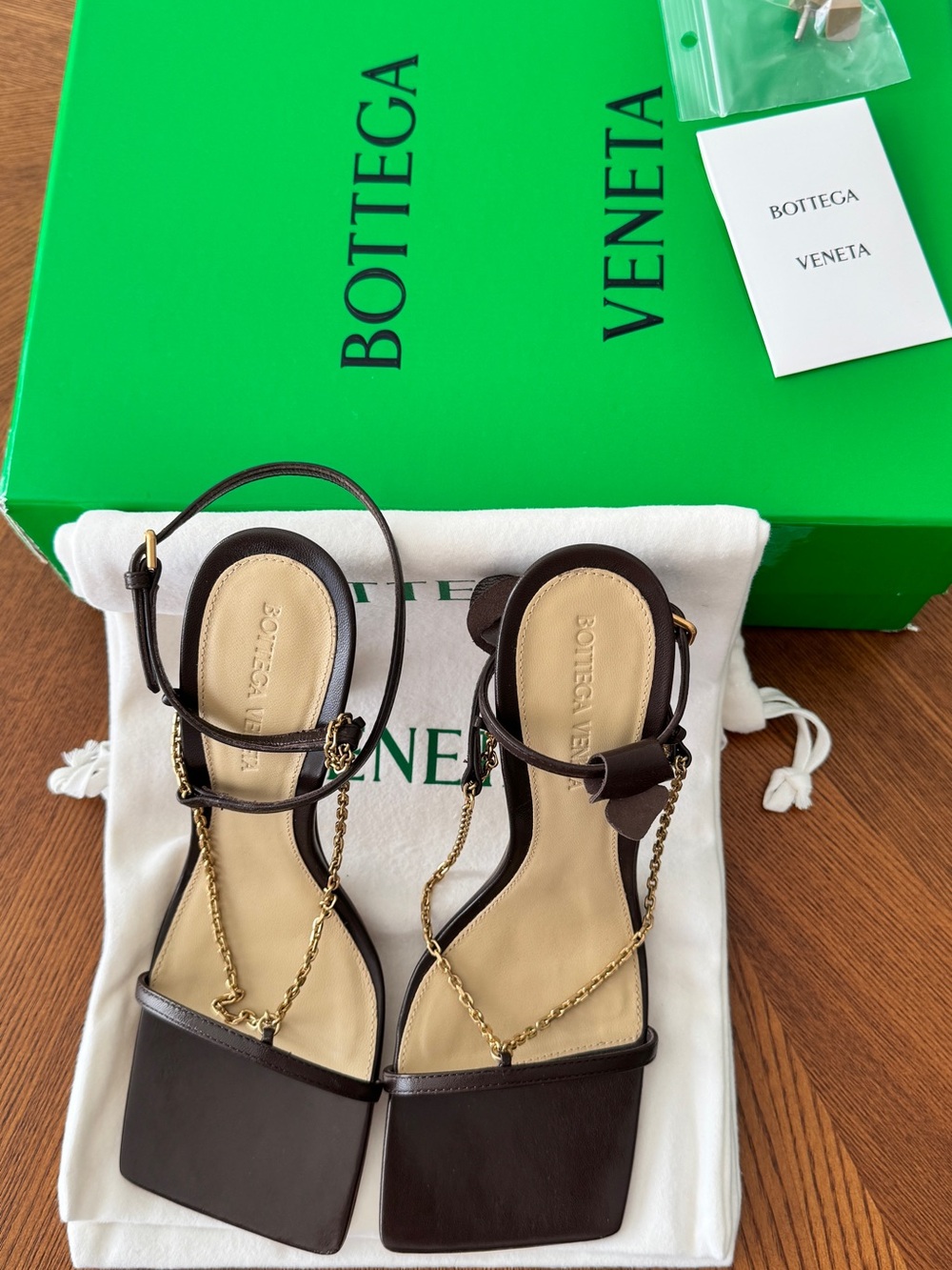 Bottega Veneta Dark Brown Leather Heeled Sandals with Gold Chain